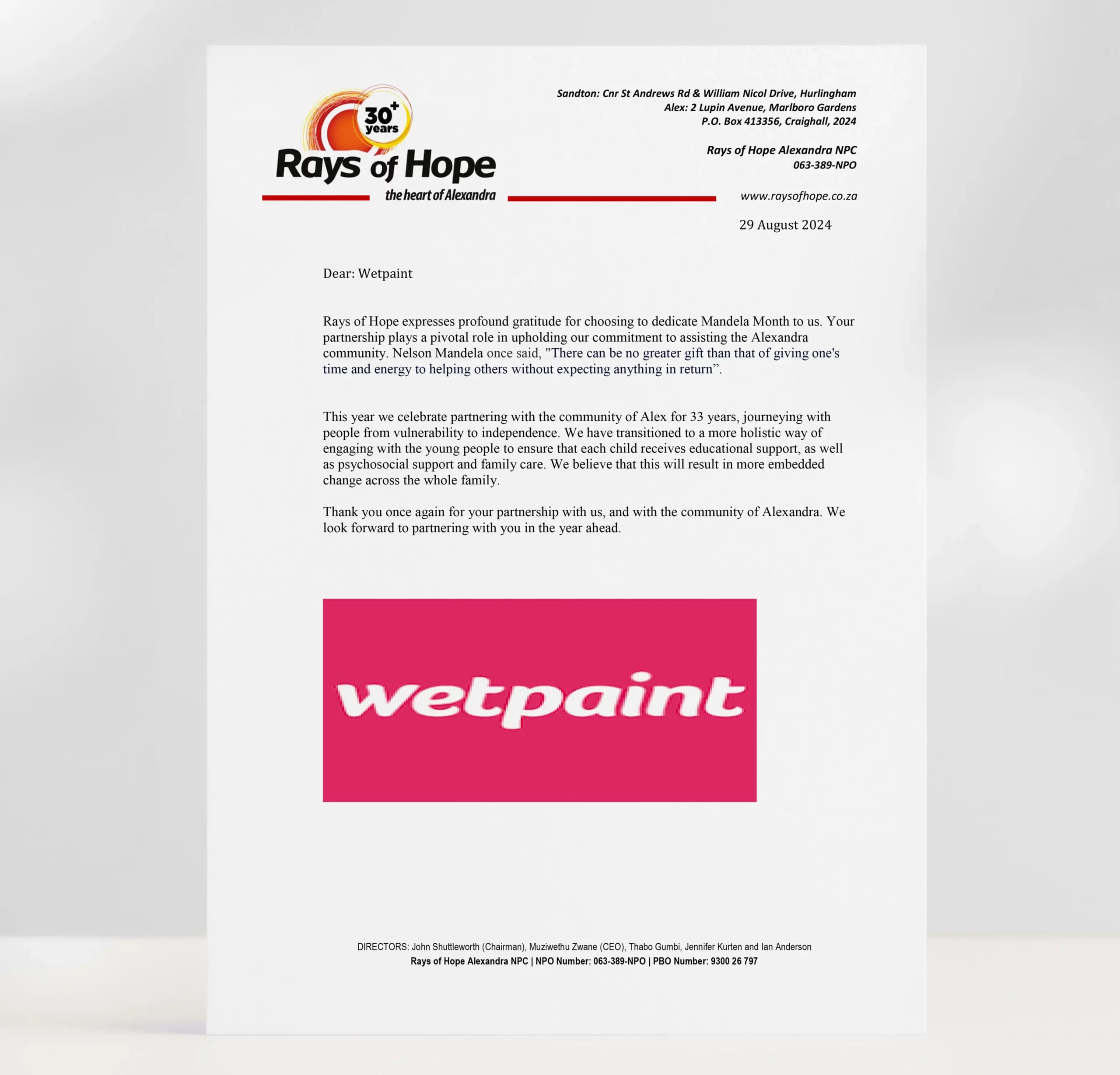 Thank-you letter from Rays of Hope to Wetpaint