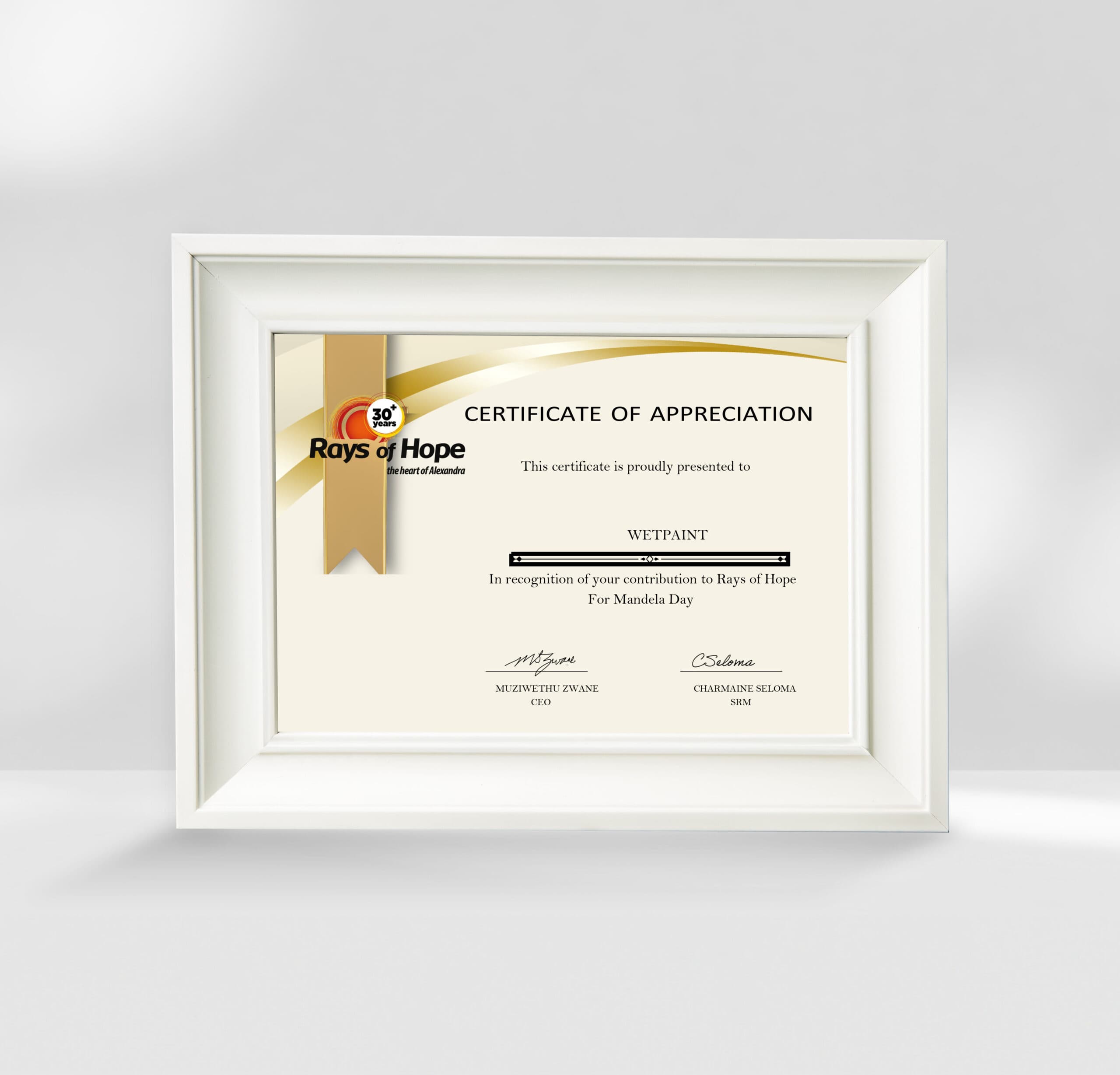 Certificate of appreciation from Rays of Hope