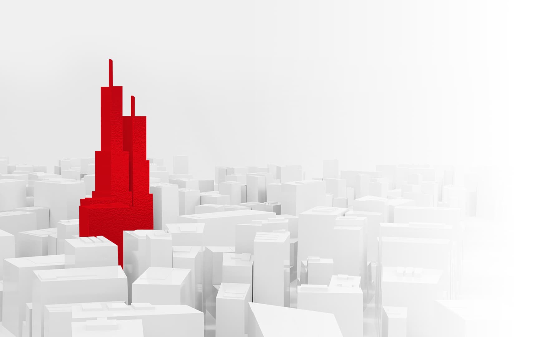 A single red building rising from a white cityscape